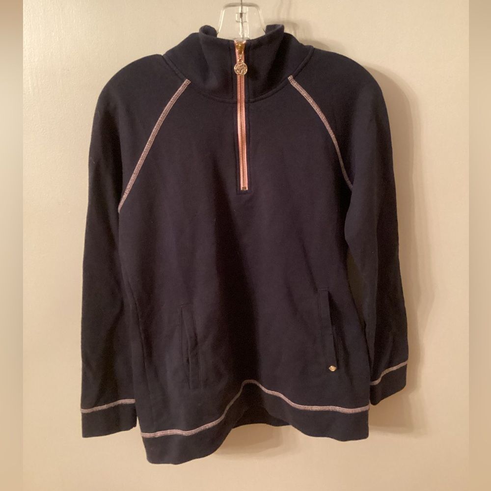 SPARTINA 449 BAY POINT HALF-ZIP TOP SIZE SMALL NAVY PINK CONTRAST STITCHING